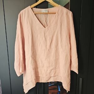 La Fixsun Pink 100% Linen Lagenlook Tunic 3/4 Sleeve Asymmetrical Hem Relaxed M